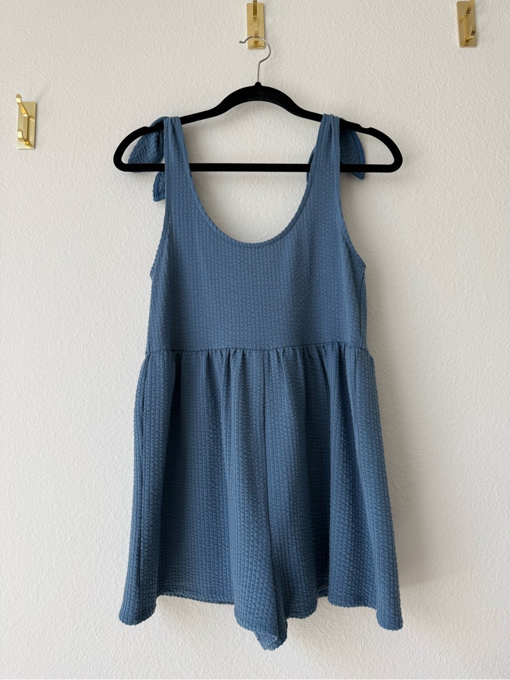 Urban Outfitters Blue Waffle-Knit Tie-Shoulder Romper